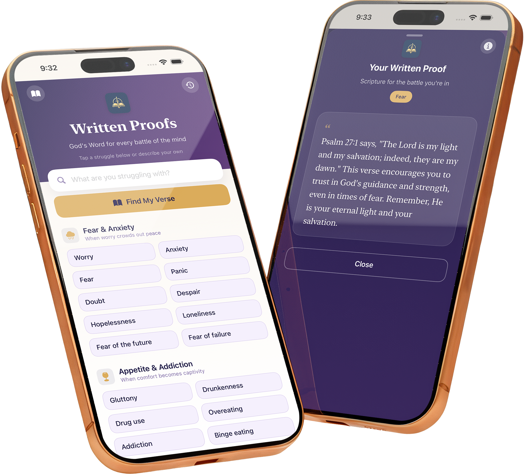 Written Proofs app previews showing struggle categories and a Scripture response