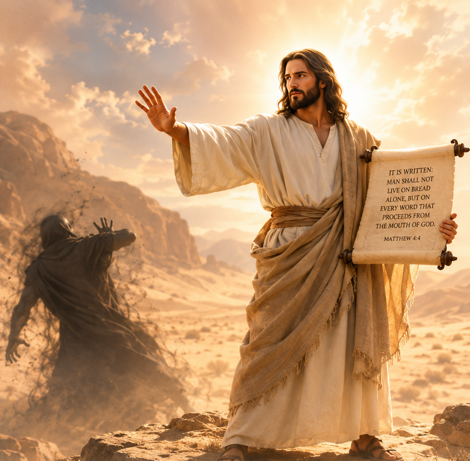 Jesus in the desert, representing spiritual temptation and victory through Scripture